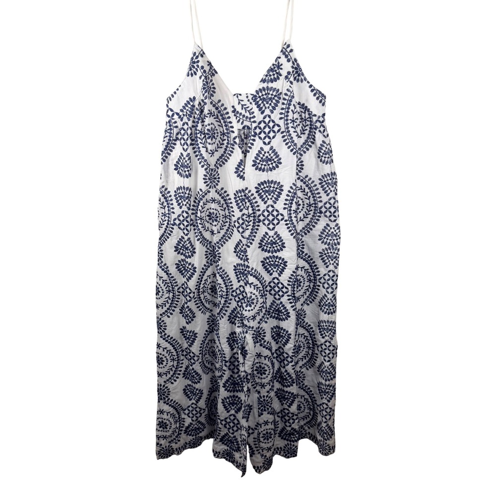 Blithe Los‎ Angeles White Navy Blue Embroidered Wide Leg Jumpsuit Small NWT